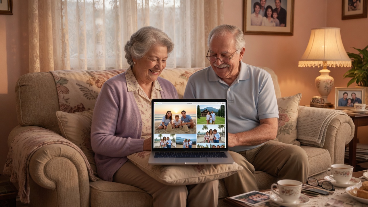 Older couple looking at family photos on a laptop together