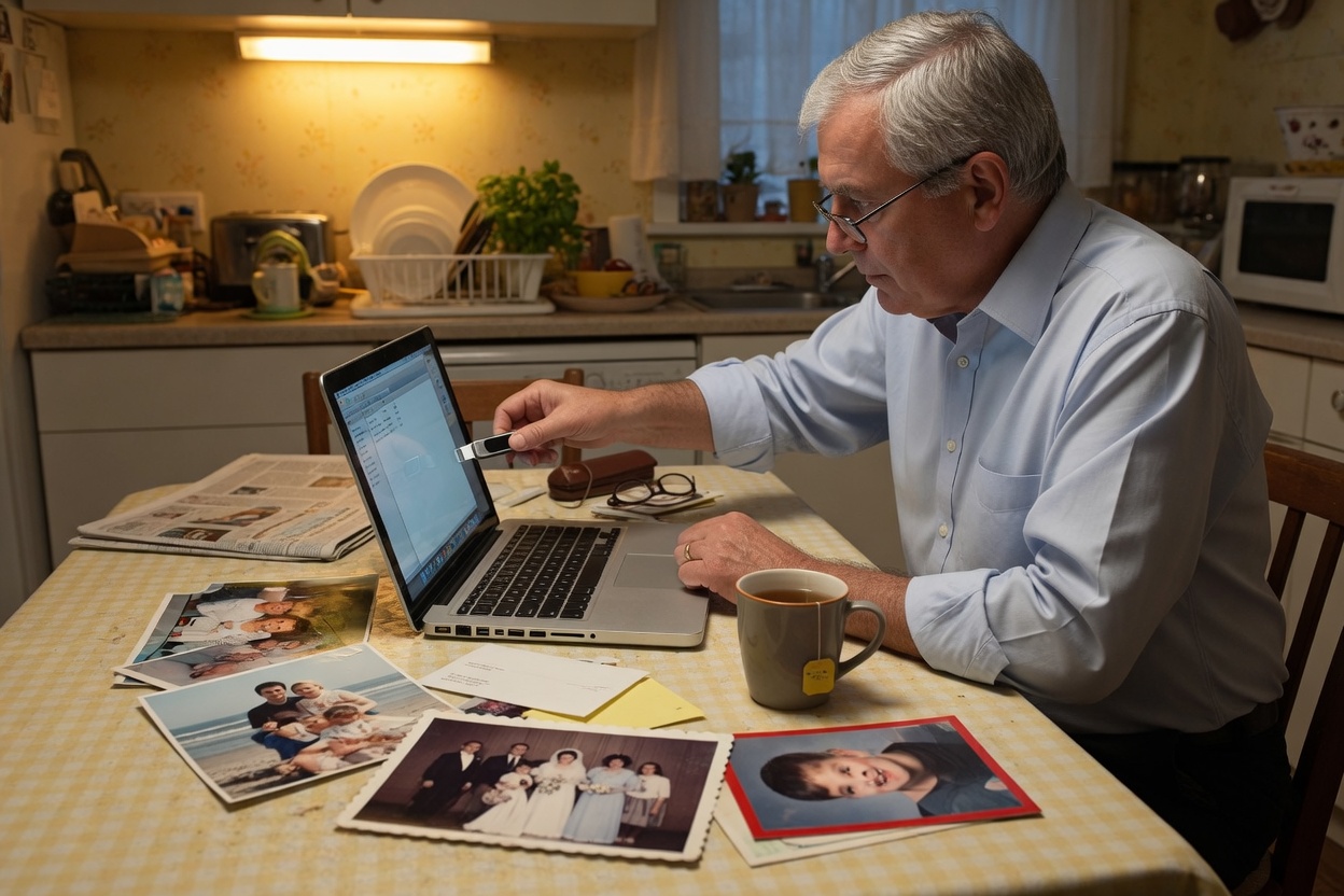 Grey-haired woman viewing family photos on a laptop at home