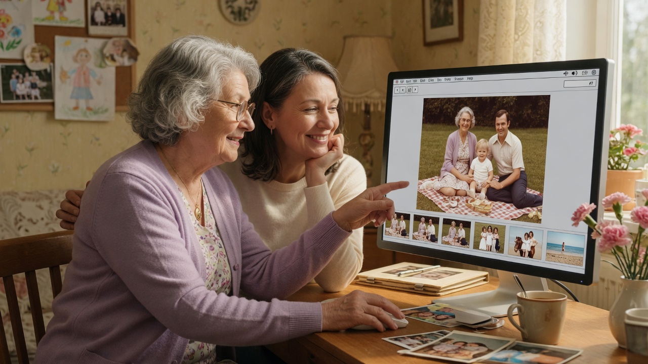 Older man using a USB photo stick with a laptop and printed photos