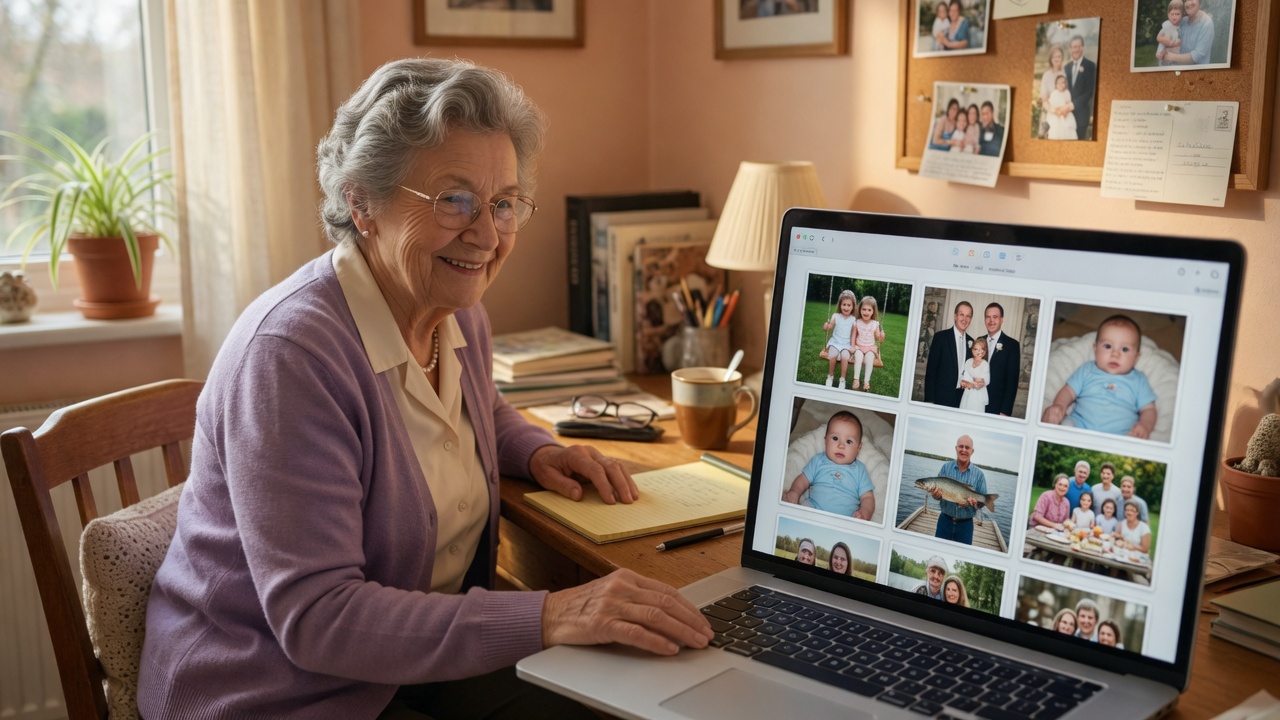 Grey-haired mother and adult daughter viewing photos on a computer